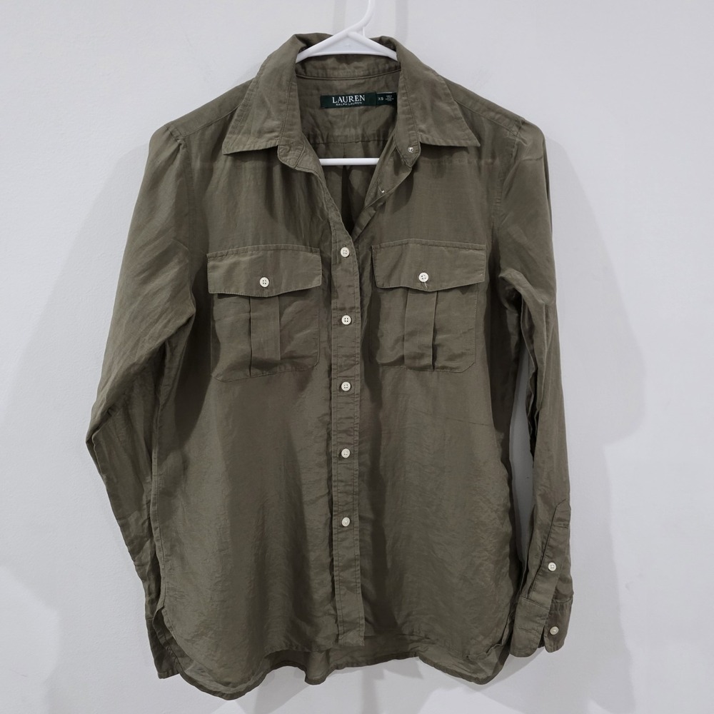 Lauren Ralph Lauren Womens Silk Blend Button Up Top Size Xs Green Minimalist